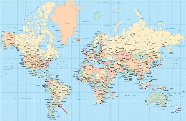 世界地図上のブエノスアイレスの位置