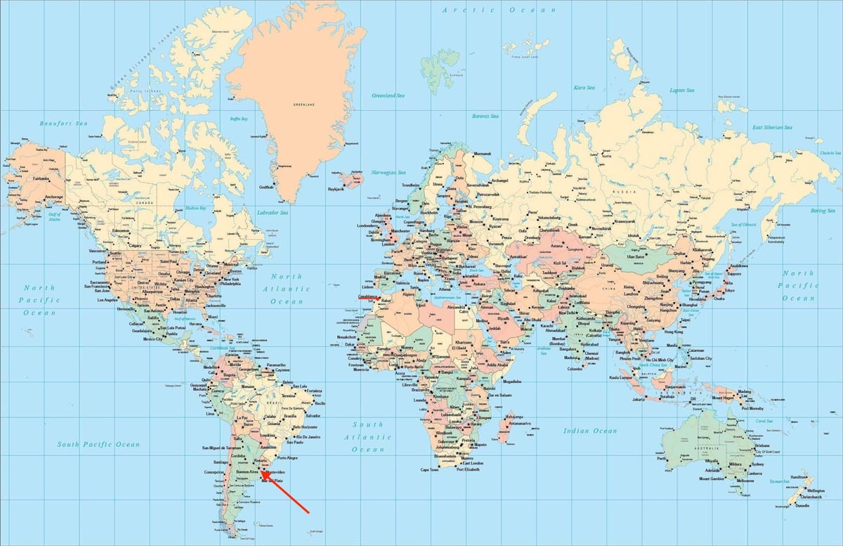 世界地図上のブエノスアイレスの位置